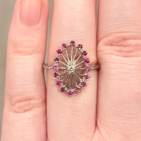 Vintage 14K PSCO Natural Ruby Diamond Ring Art Nouveau Size 7 Filigree Starburst - Picture 3 of 16